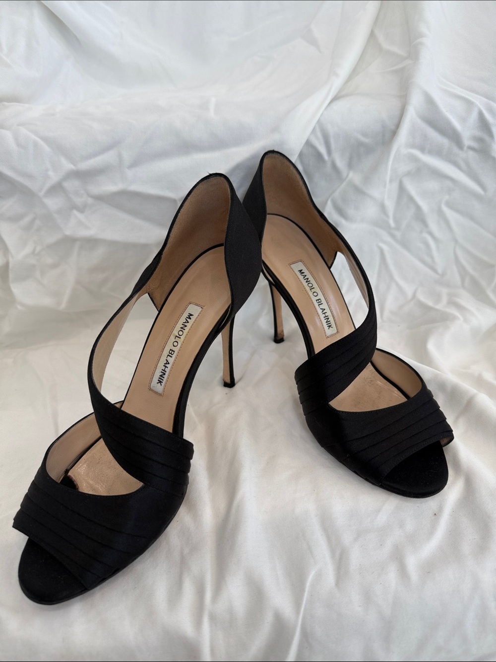 Manolo Blahnik Black Satin D'Orsay Open-Toe Stiletto Heels
